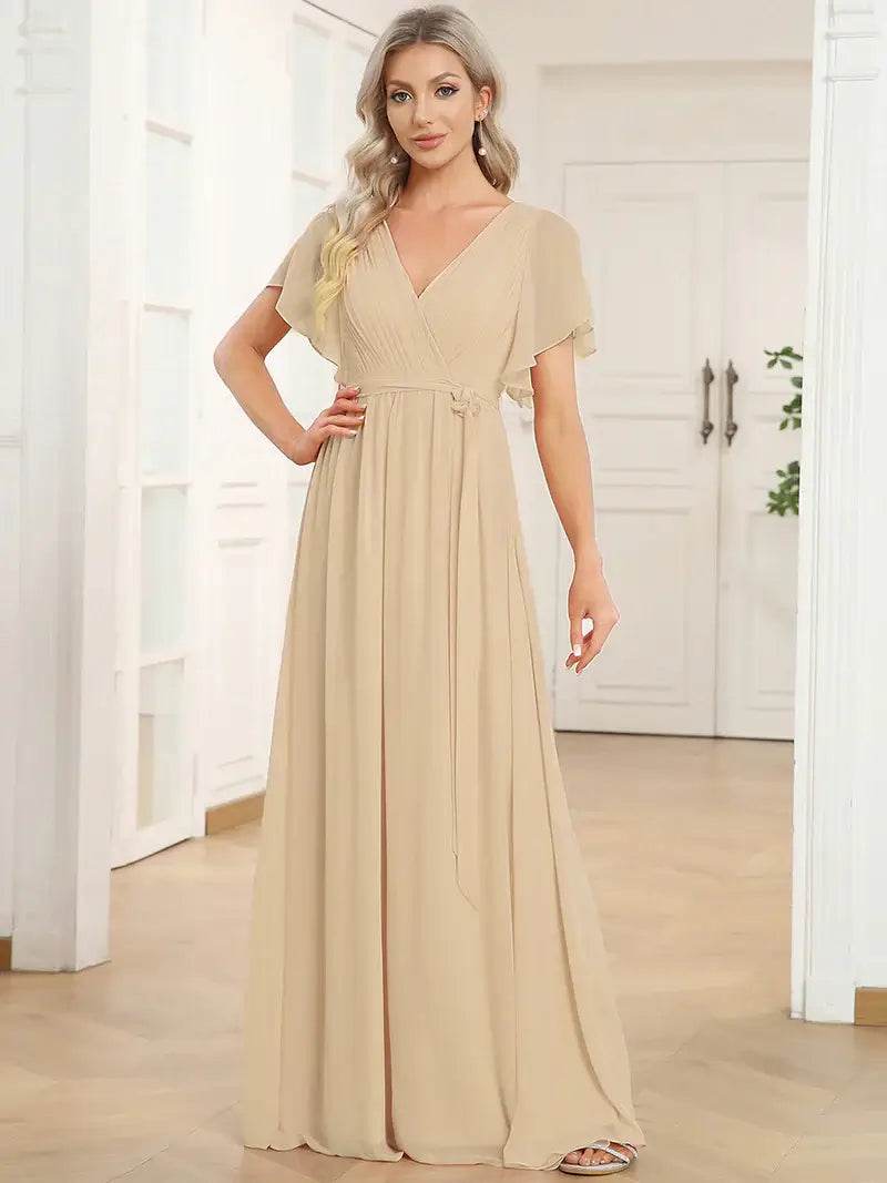 A-Line Bridesmaid Dress – Deep V-Neck with Ruffle Sleeves - Biamonde